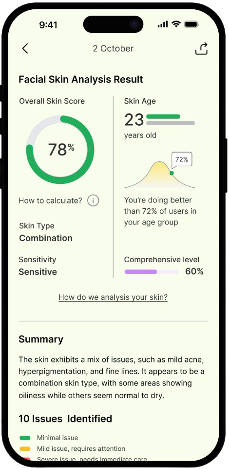 Skincare App - Facial Skin Analysis Result Screen